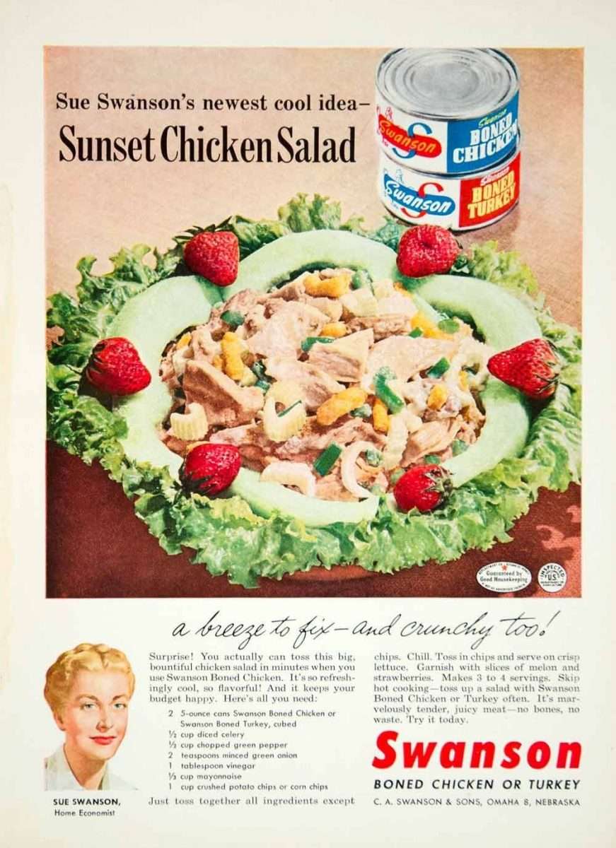 1953 Ad Sue Swanson Boned Chicken Salad Recipe Turkey Canned Meat Lunch ...