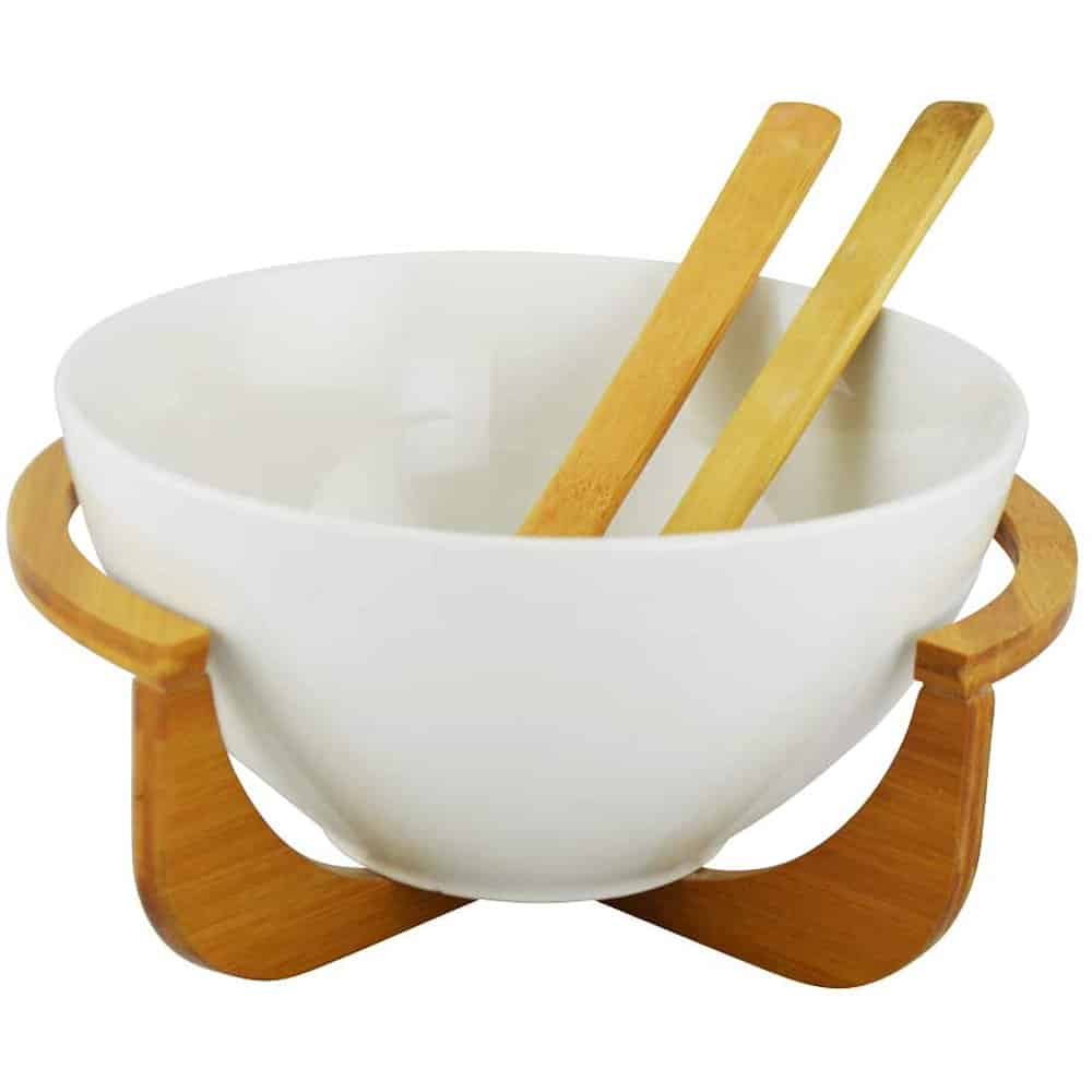 (D) Salad bowl with Tongs, Wood Salad Set with Bamboo Holder and 2 ...