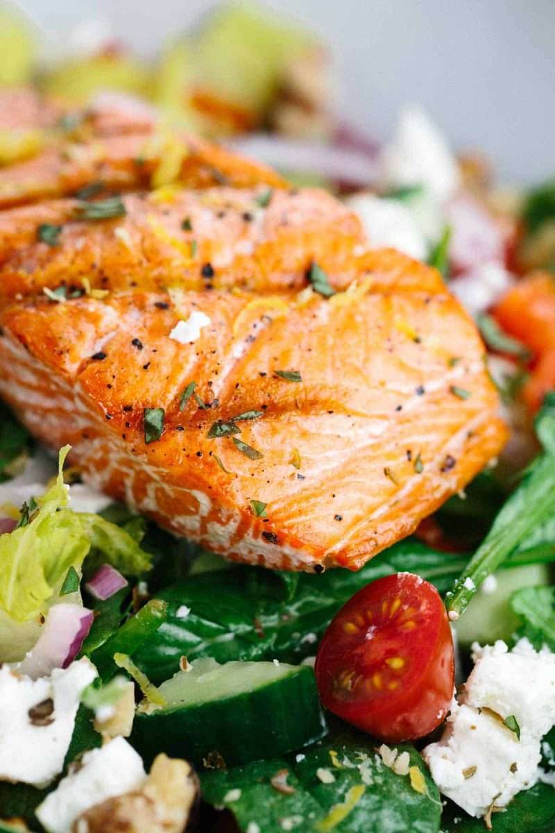 Grilled Salmon Greek Salad with Lemon Basil Dressing