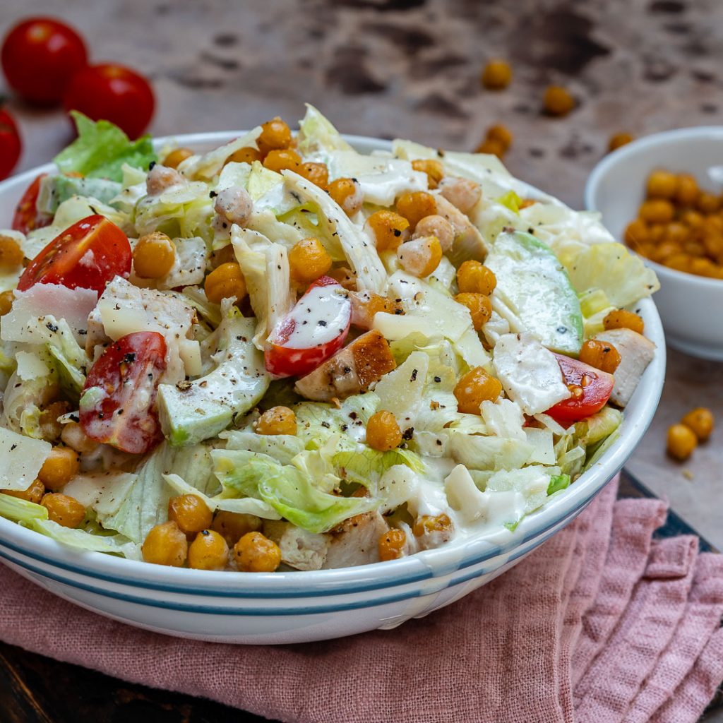 Healthy Chicken Caesar Salad With Crispy Chickpeas