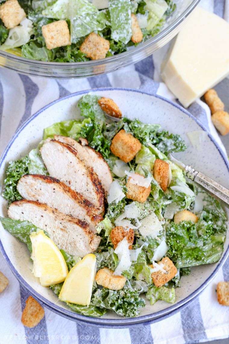 Lemon Kale &  Romaine Caesar Salad with Grilled Chicken and Homemade ...