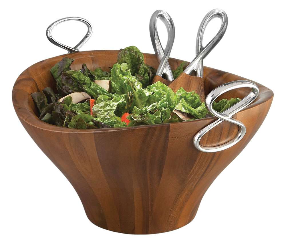 Nambe Infinity Wooden Salad Bowl with Servers