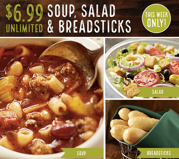 Olive Garden $6.99 Soup, Salad and Breadsticks Lunch thru 8/18