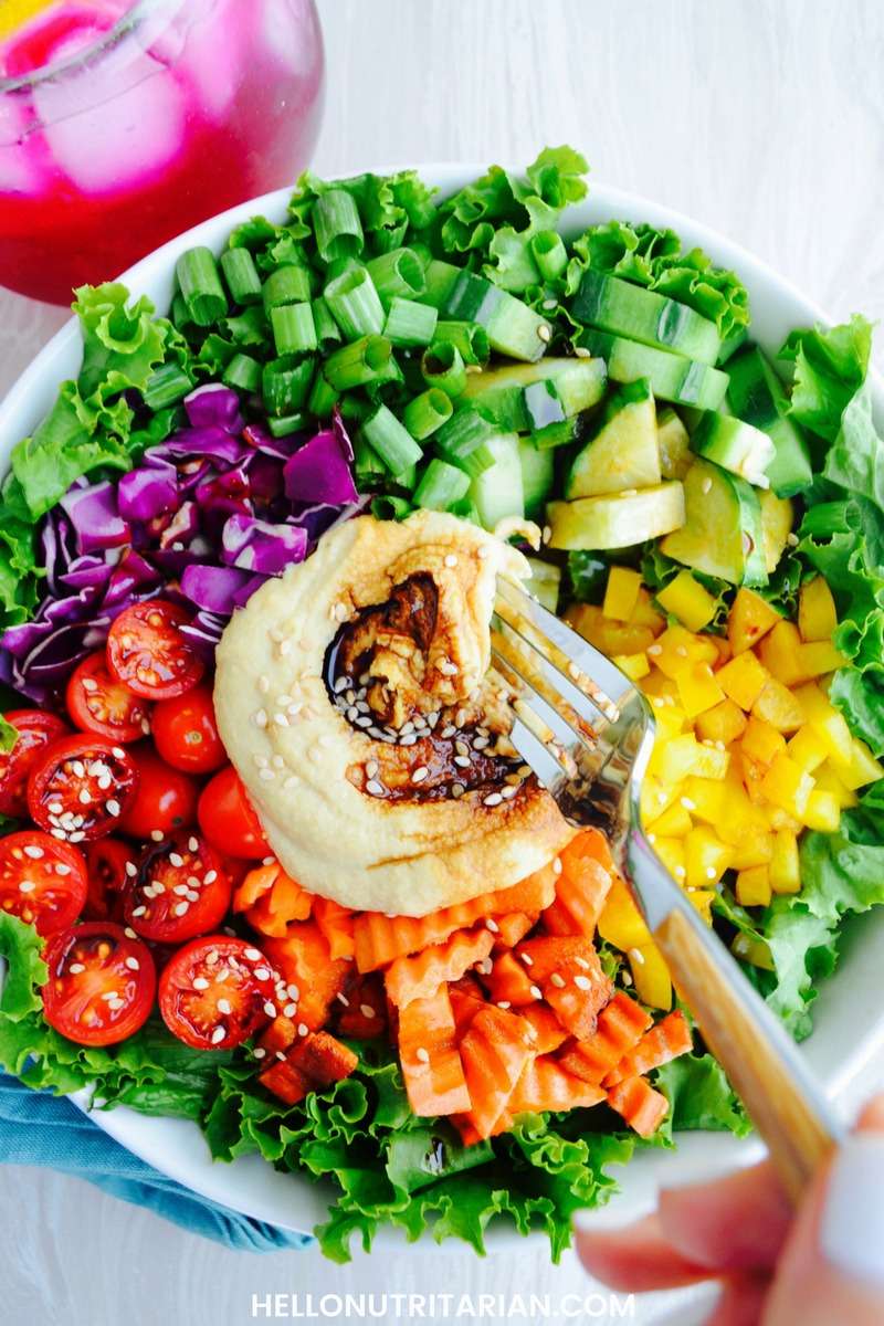 Rainbow Salad with Hummus &  Balsamic Dressing
