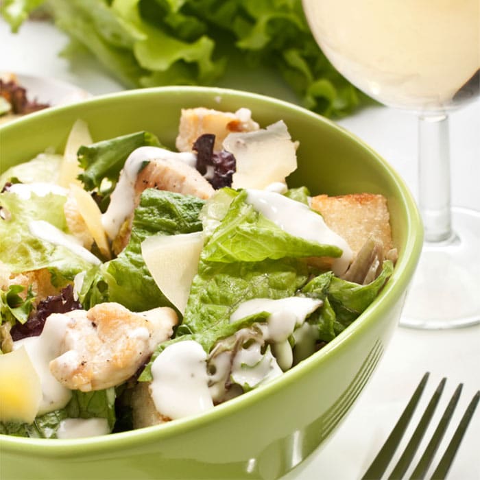 Roast Chicken Kale Caesar Salad with Greek Yogurt Dressing