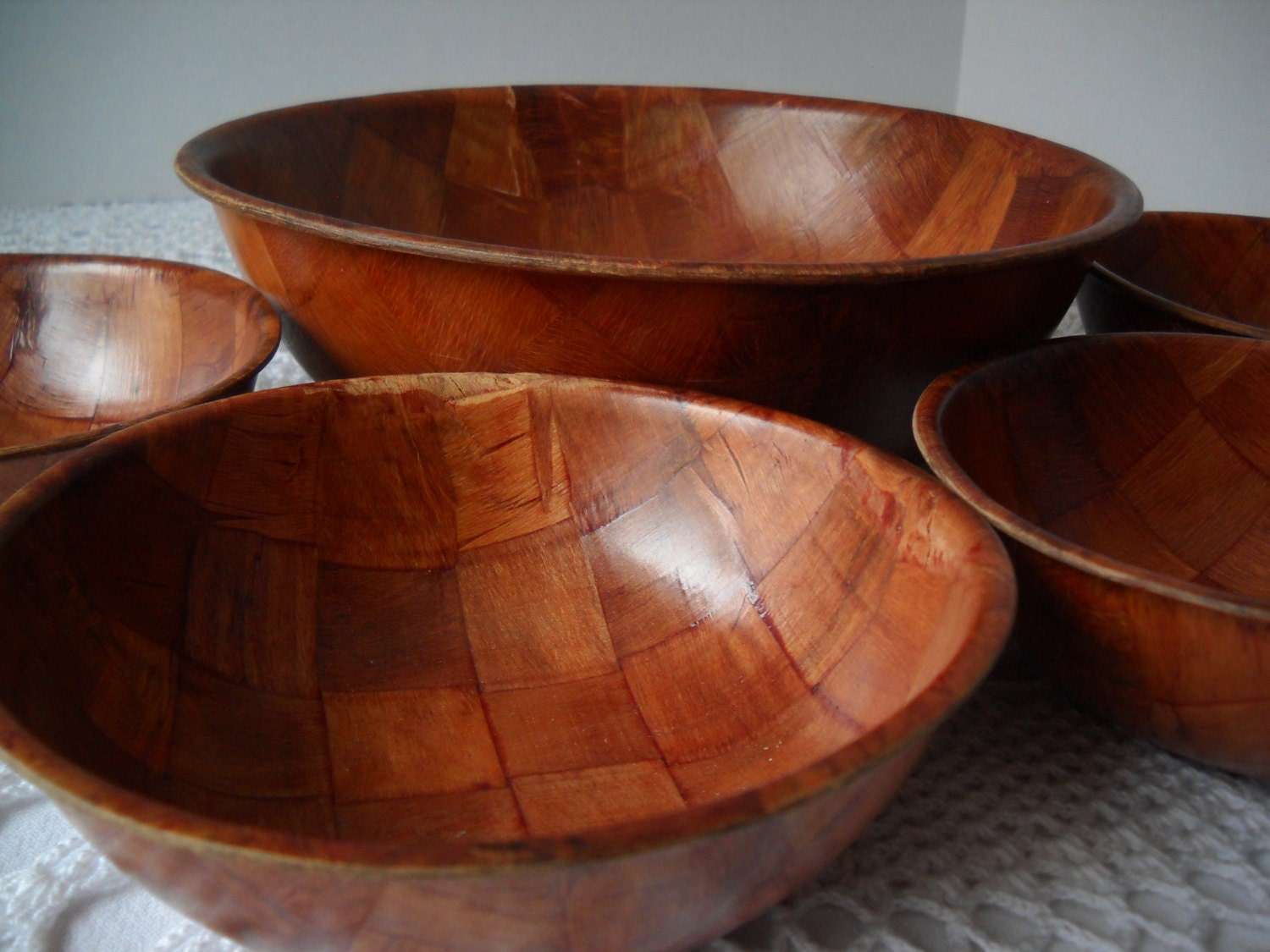 Salad Bowl Wooden Weave Patchwork Brown Vintage 5 Piece Set