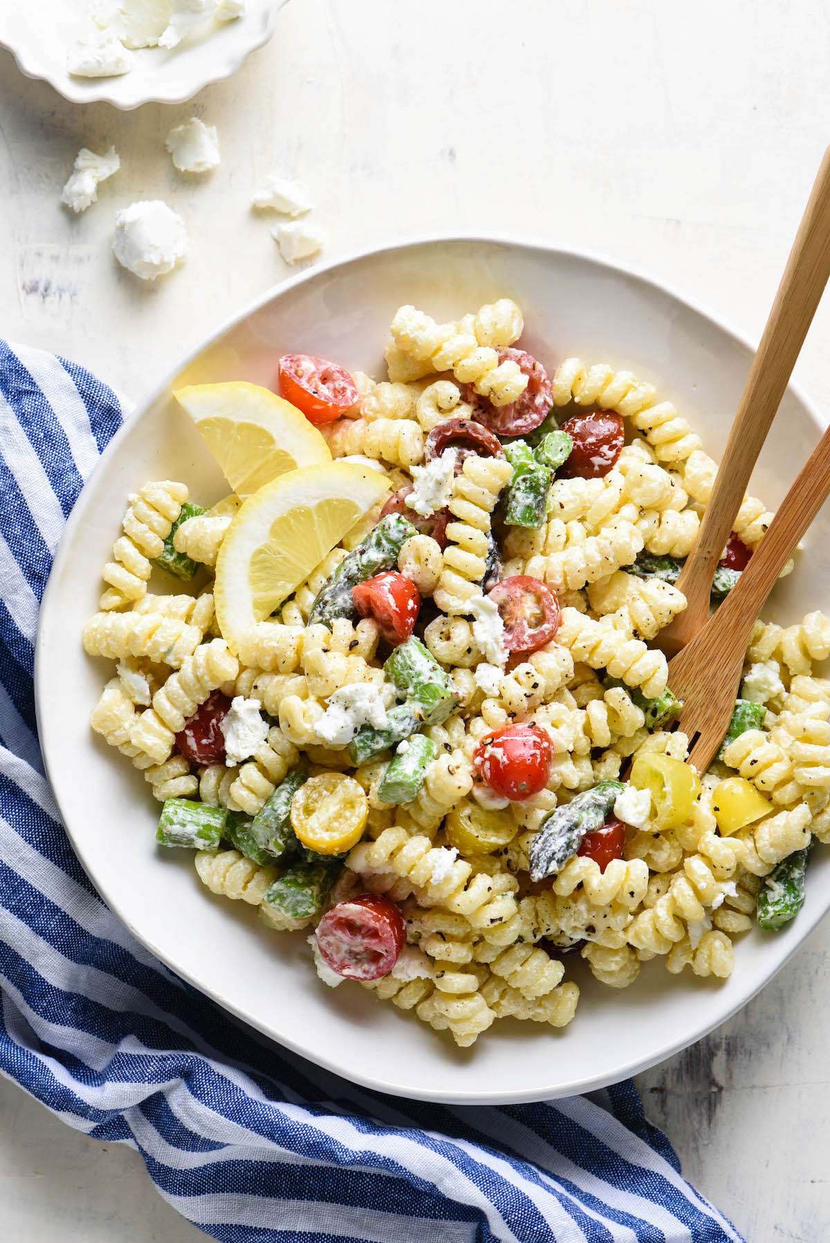 This creamy goat cheese pasta salad is simple to put ...