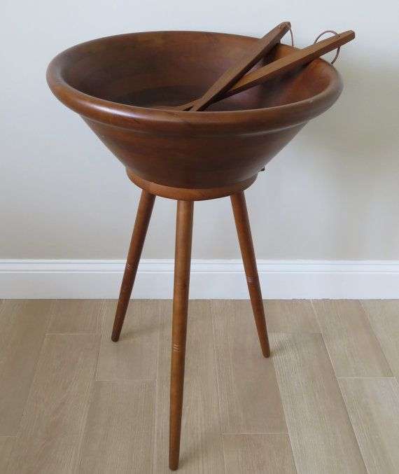 Vintage Large Wood Salad Bowl with Stand and Salad Tongs