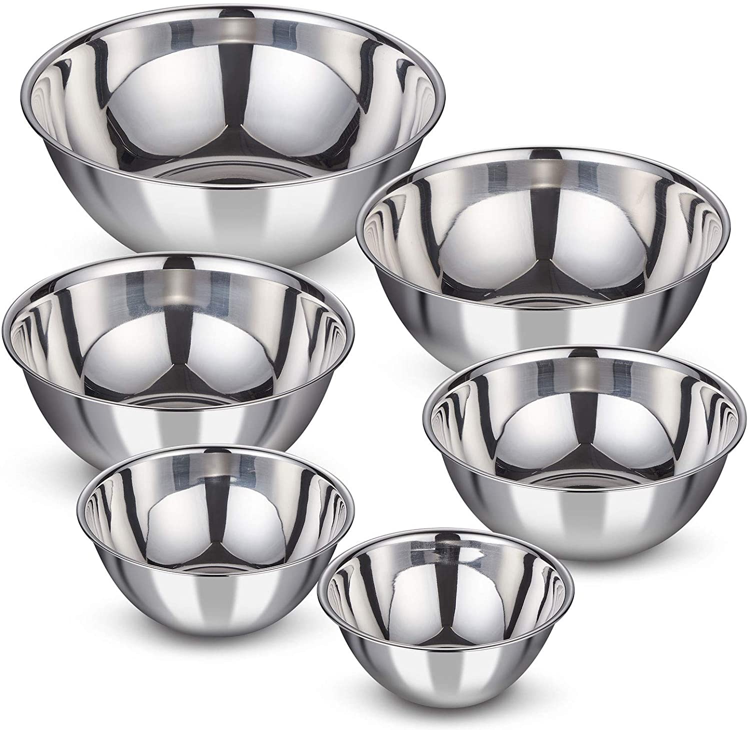 WEZVIX Stainless Steel Set of 6 Mixing Bowls Polished Mirror Finish ...